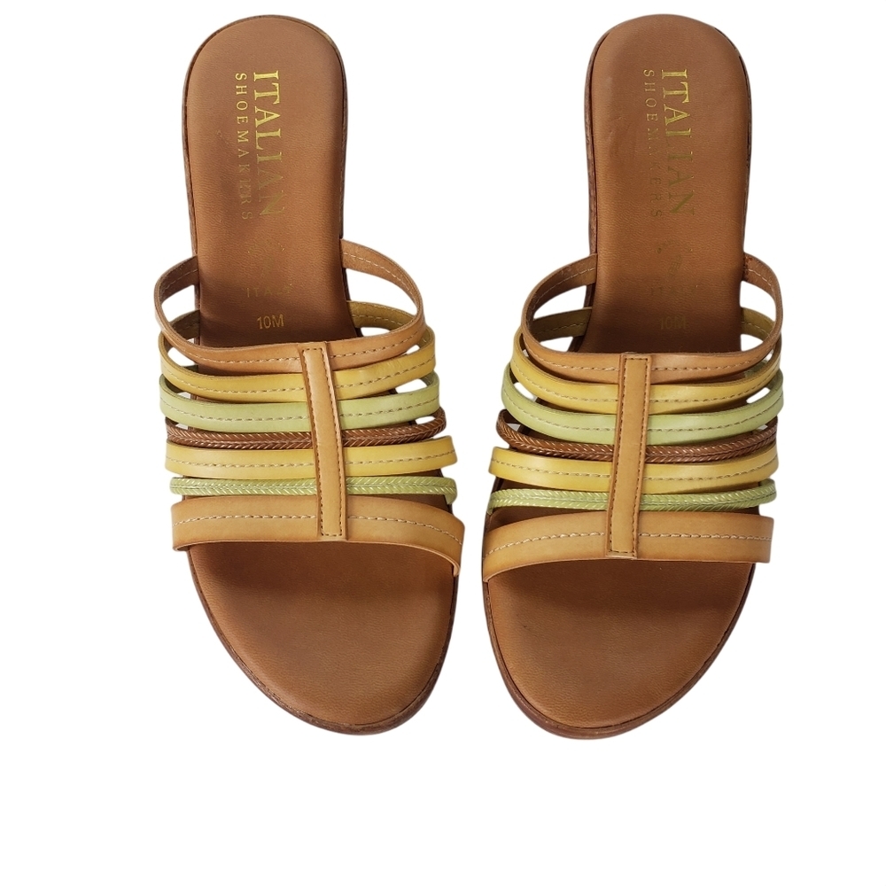 Italian Shoemakers Wedge Sandals Size 10 Green Yellow Brown Woven Strappy Shoes